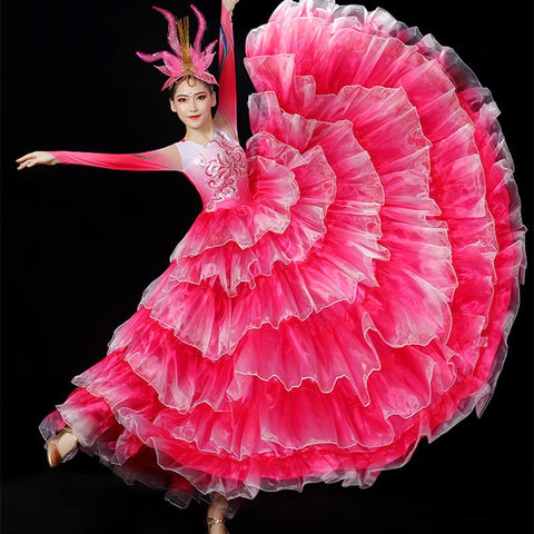 Flamenco Dance dress for women pink green red petals paso double sapnish bull dance dress big swing skirt opening dance chorus ballroom dance dress