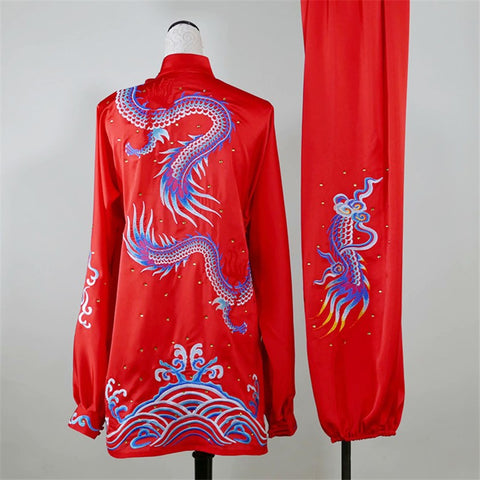 Gold red Embroidered Dragon Tai Chi Martial art competition clothing for women men stage performance wushu competition uniforms kungfu clothes