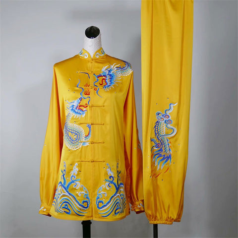 Gold red Embroidered Dragon Tai Chi Martial art competition clothing for women men stage performance wushu competition uniforms kungfu clothes