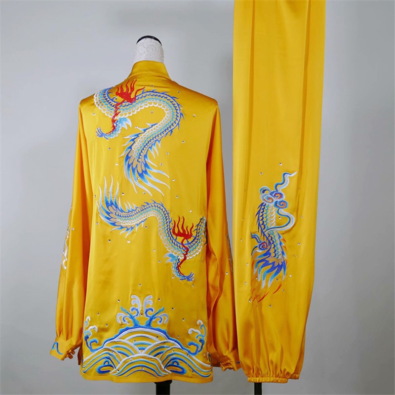 Gold red Embroidered Dragon Tai Chi Martial art competition clothing for women men stage performance wushu competition uniforms kungfu clothes