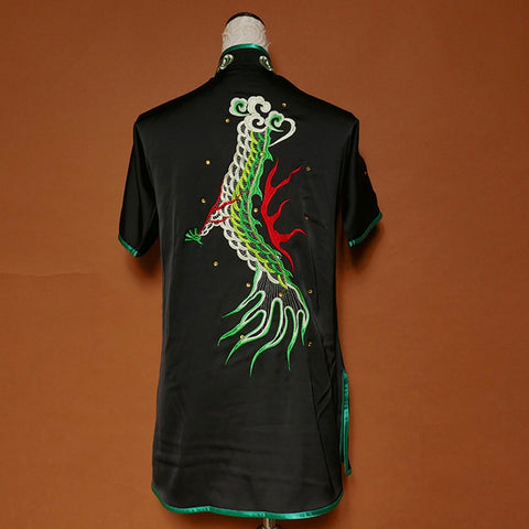 Custom size black with green Martial art Wushu competition Stage performance for adult kids taichi chinese dragon kungfu uniforms for women men - Moderndancedress.com