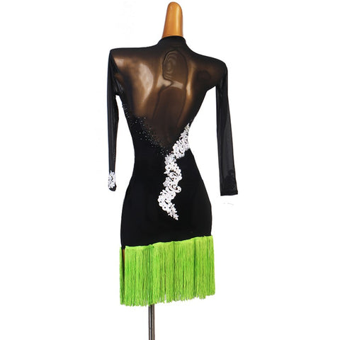 Black with green tassels long sleeves latin dance dress for women girls v neck Diamond competition Latin Dance costumes Fringe Lombard Cha Cha Samba Dress