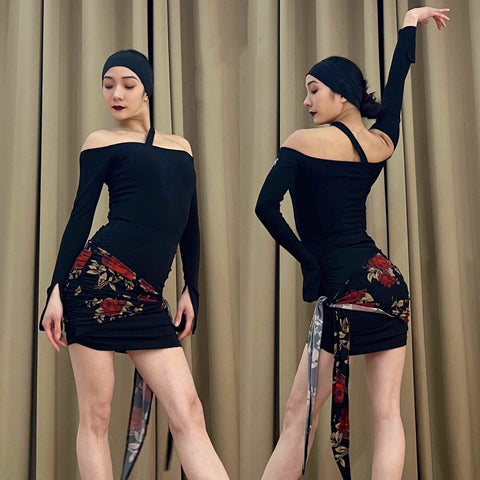 Red rose flowers Latin dance print skirt for women young girls salsa rumba chacha hip scarf National standard dance practice wrap skirts