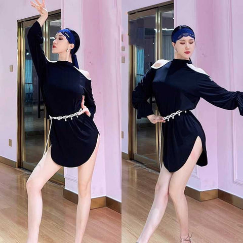 Black pearl beads Latin dance Long-sleeved dresses for women girls salsa rumba chacha Loose ballroom dance practice clothes hollow shoulder - Moderndancedress.com