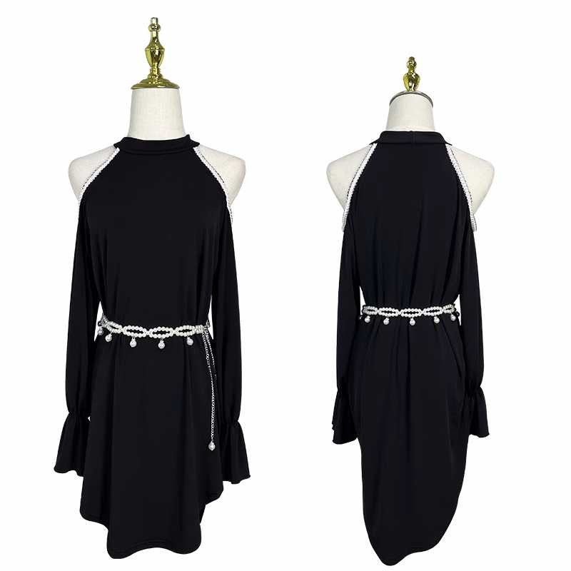 Black pearl beads Latin dance Long-sleeved dresses for women girls salsa rumba chacha Loose ballroom dance practice clothes hollow shoulder - Moderndancedress.com