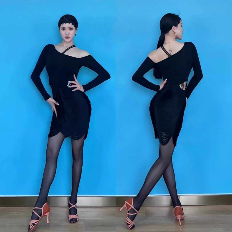 Black fringe Latin dance dress for women girls Long-sleeved fringed skirt lace slanted shoulders Hip hollow national standard dance practice uniform - Moderndancedress.com