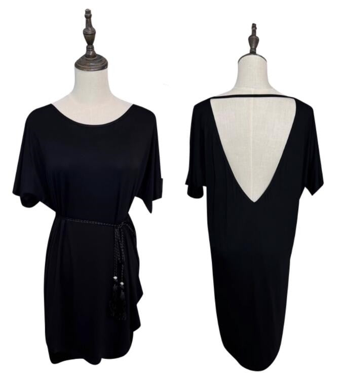 Black latin dance dress for girls women's summer style round neck side slit salsa rumba chacha dance tops backless short sleeve practice clothes modal - Moderndancedress.com