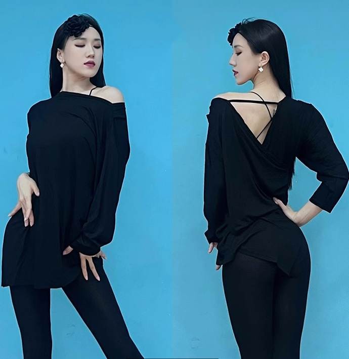 Women girls black latin dance dresses salsa rumba chacha practice Latin loose blouse with long sleeves National standard dance practice tops for lady