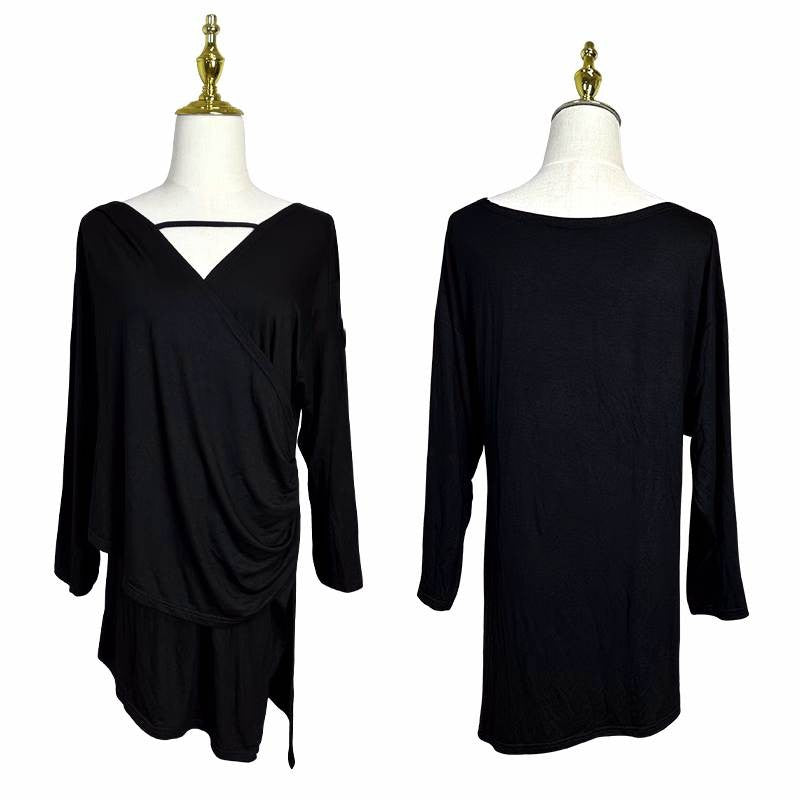 Women girls black latin dance dresses salsa rumba chacha practice Latin loose blouse with long sleeves National standard dance practice tops for lady - Moderndancedress.com