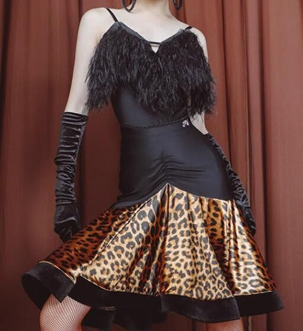 Black fringe with gold leopard printed latin dance dresses for women girls salsa rumba chacha leotard tops with skirts - Moderndancedress.com