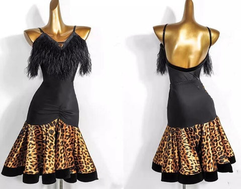 Black fringe with gold leopard printed latin dance dresses for women girls salsa rumba chacha leotard tops with skirts - Moderndancedress.com
