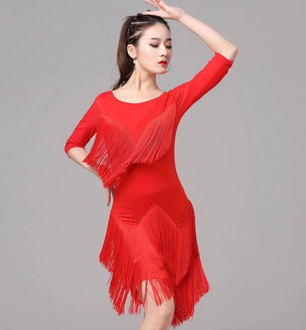 Black red fringe latin dance dresses for women girls salsa rumba chacha ballroom dancing costumes for female