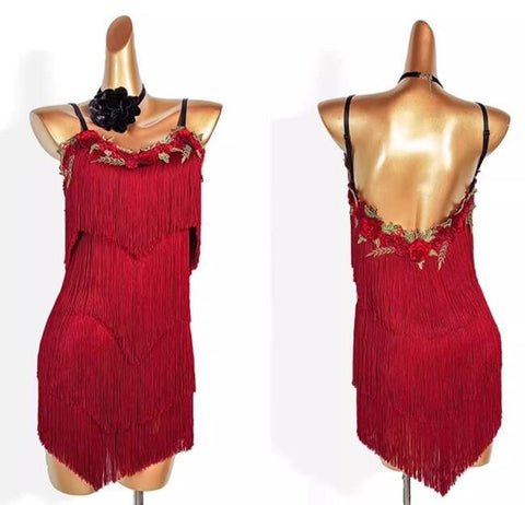 Red fringe Latin dance costumes for women girls rose flowers suspender salsa rumba chacha ballroom dance practice wear for female