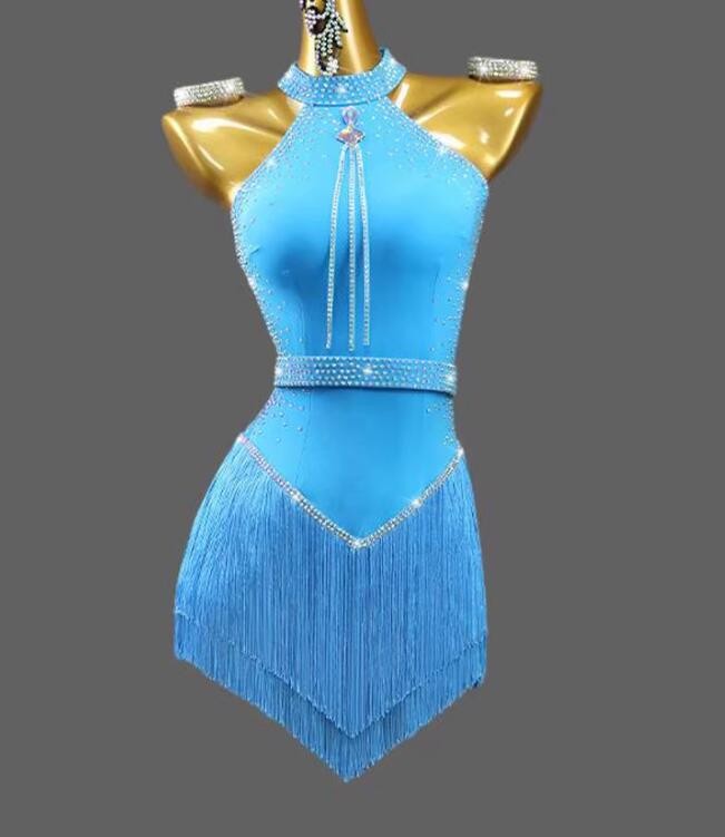 Women girls turquoise red white fringe latin dance dresses salsa rumba chacha bling ballroom black latin dance wear for female - Moderndancedress.com