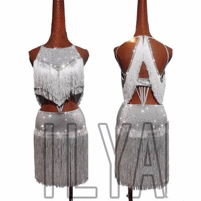 Women's silver fringe latin dance dresses for girls dance studio salsa rumba chacha tango ballroom stage performance bling costumes for female