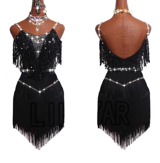 Women black sequin fringe competition latin dance dresses for female girls waltz tango chacha dance skirts ballroom dancing costumes for female