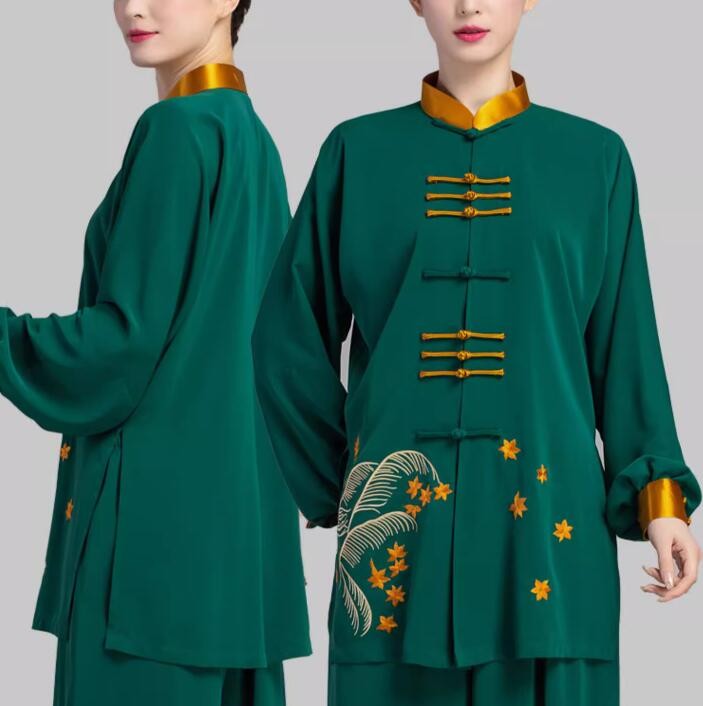 Dark Green Embroidered Chinese Kung fu uniforms Tai chi clothing for unisex Chinese style Tai Chi suit for women tai chi tai ji quan performing costumes for men
