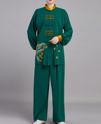 Dark Green Embroidered Chinese Kung fu uniforms Tai chi clothing for unisex Chinese style Tai Chi suit for women tai chi tai ji quan performing costumes for men - Moderndancedress.com