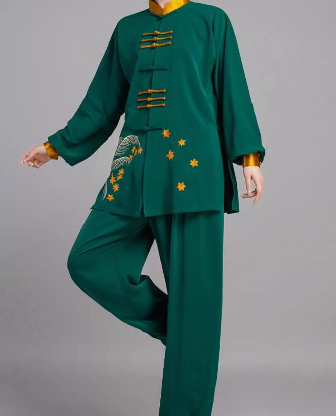 Dark Green Embroidered Chinese Kung fu uniforms Tai chi clothing for unisex Chinese style Tai Chi suit for women tai chi tai ji quan performing costumes for men - Moderndancedress.com