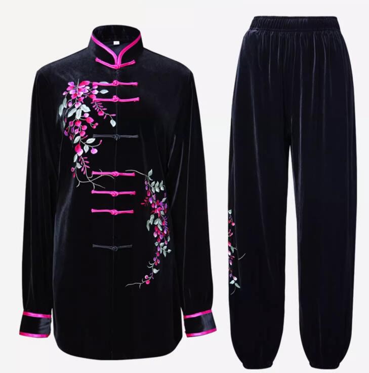 Black velvet embroidered flowers tai chi clothing for women chinese kung fu uniforms tai ji quan morning fitness exercises clothes for female - Moderndancedress.com
