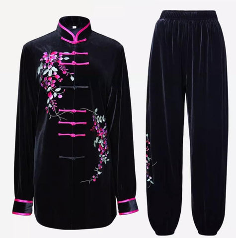 Black velvet embroidered flowers tai chi clothing for women chinese kung fu uniforms tai ji quan morning fitness exercises clothes for female - Moderndancedress.com