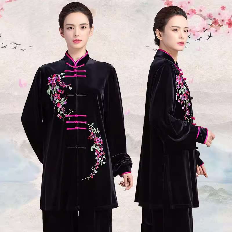 Black velvet embroidered flowers tai chi clothing for women chinese kung fu uniforms tai ji quan morning fitness exercises clothes for female - Moderndancedress.com