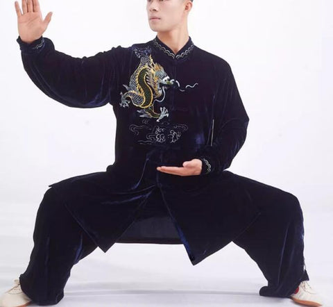 Customized size navy blue velvet emboridered dragon tai chi clothing for women and men chinese kung fu uniforms wushu tai ji quan competition suit for man - Moderndancedress.com