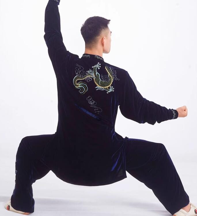 Customized size navy blue velvet emboridered dragon tai chi clothing for women and men chinese kung fu uniforms wushu tai ji quan competition suit for man