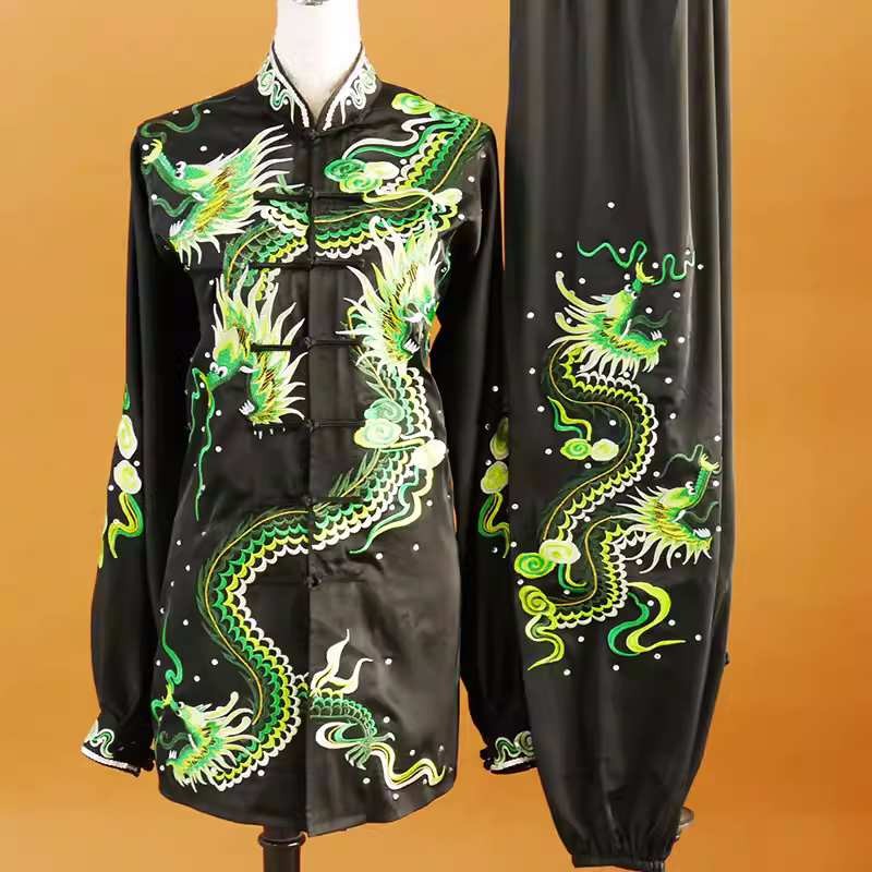 Emboidered  dragon black with green tai chi clothing for unisex chinese kung fu uniforms wushu competition suit for women and men - Moderndancedress.com