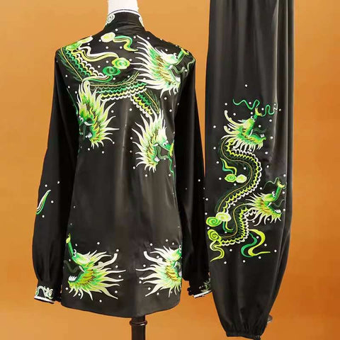 Emboidered  dragon black with green tai chi clothing for unisex chinese kung fu uniforms wushu competition suit for women and men