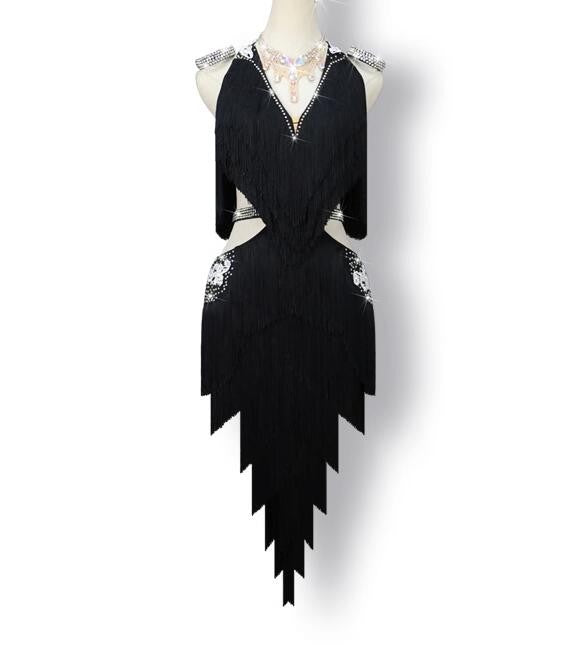 Blakc tassels competition latin dance dresses for women girls ballroom salsa rumba chacha performance costumes for female - Moderndancedress.com