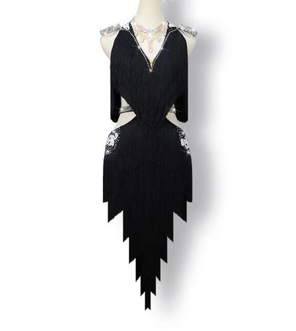 Blakc tassels competition latin dance dresses for women girls ballroom salsa rumba chacha performance costumes for female - Moderndancedress.com