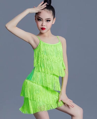 Girls green red black fringe latin dance dresses for kids children ballroom salsa rumba chacha dancing costumes for kids - Moderndancedress.com