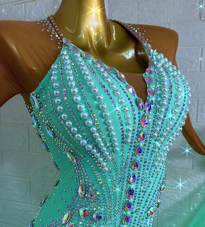 Mint custom ballroom dance dress with elegant crystal embellishments