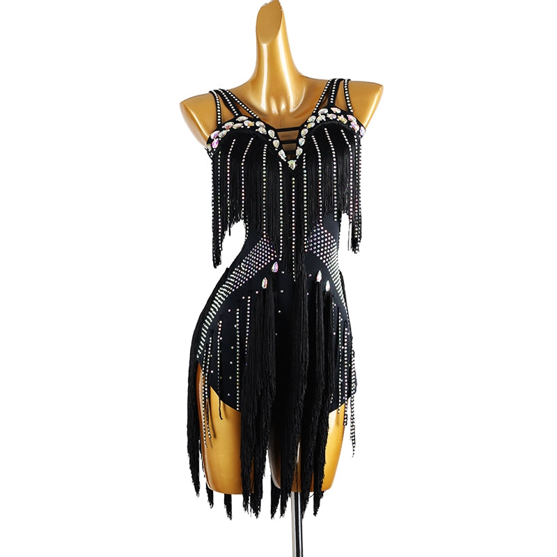 Competition Latin dance dress for women young girls yellow black tassels bling salsa rumba chacha solo performance clothing - Moderndancedress.com