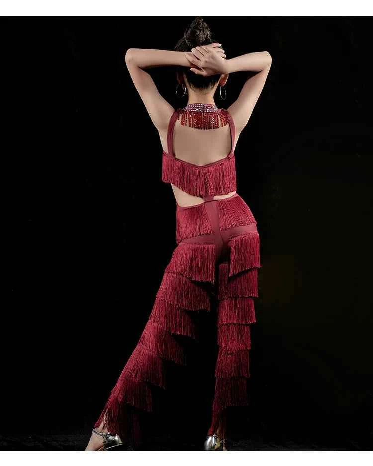 Custom Size Girls Latin Dance Dress for Girls Kids Wine Fringe Competition Jumpsuits