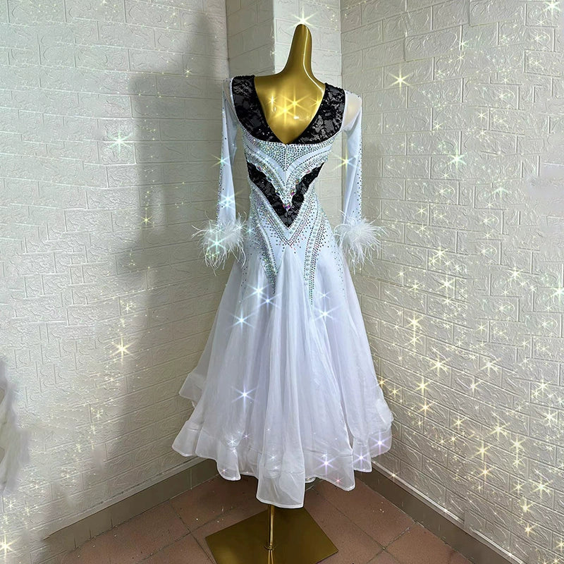 Customized Size Ballroom Dance Dresses for Women Competition White Black Ostrich Feather Waltz Tango Performance Long Gown