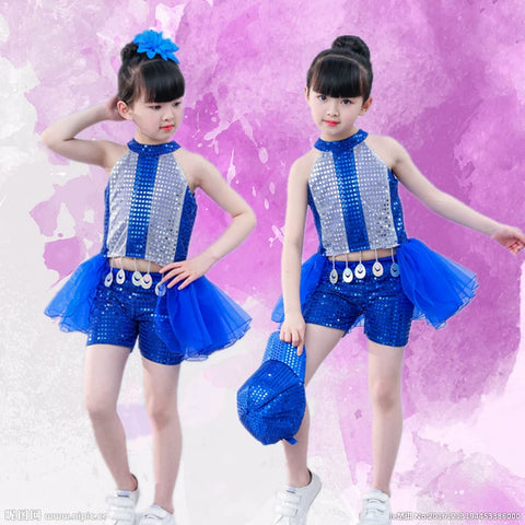 Girls Jazz Dance Costumes jazz dance sequins, cheerleading costumes, children  and pupils costumes blue