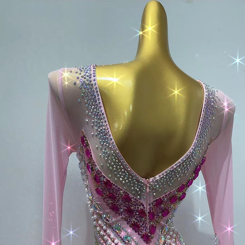 Customized Size Rhinestones Light Pink Competition Ballroom Dance Dresses for Women Girls Waltz Tango Foxtrot Rhythm Smooth Dance Swing Skirt - Moderndancedress.com