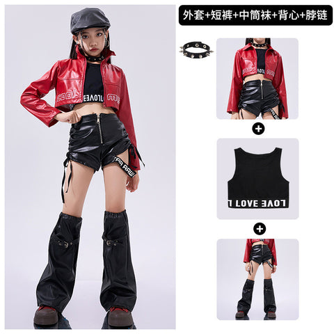 Girls Hiphop Dance Costumes for Kids Children Red Pu Leather Punk Rock Jazz Dance Wear Model Show Street Catwalk Dance Outfits