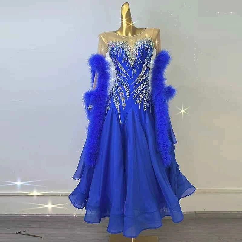Customized Size Royal Blue Feather Competition Ballroom Dance Dresses for Women Girls National Standard Dance Long Gown