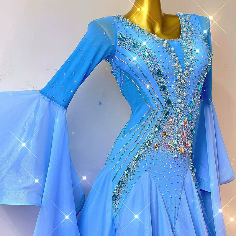 Custom Size Competition Ballroom Dance Dresses for Women Girls Blue Waltz Tango Rhythm Dance Long Swing Skirts - Moderndancedress.com