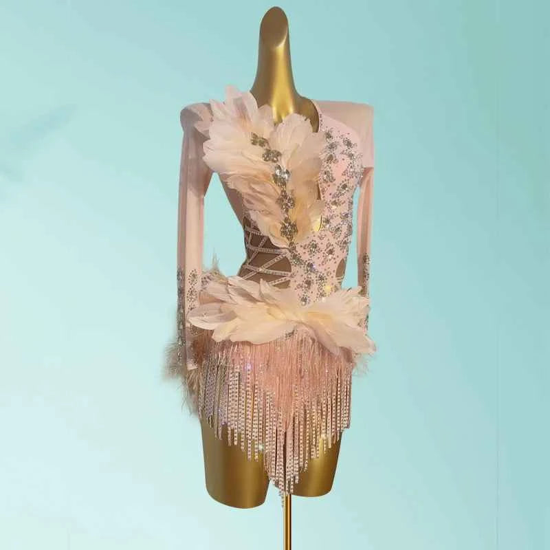 Custom Size Green Latin Dance Dresses for Women Girls Competition Ostrich Feather Latin Salsa Rumba Chacha Dance Clothes