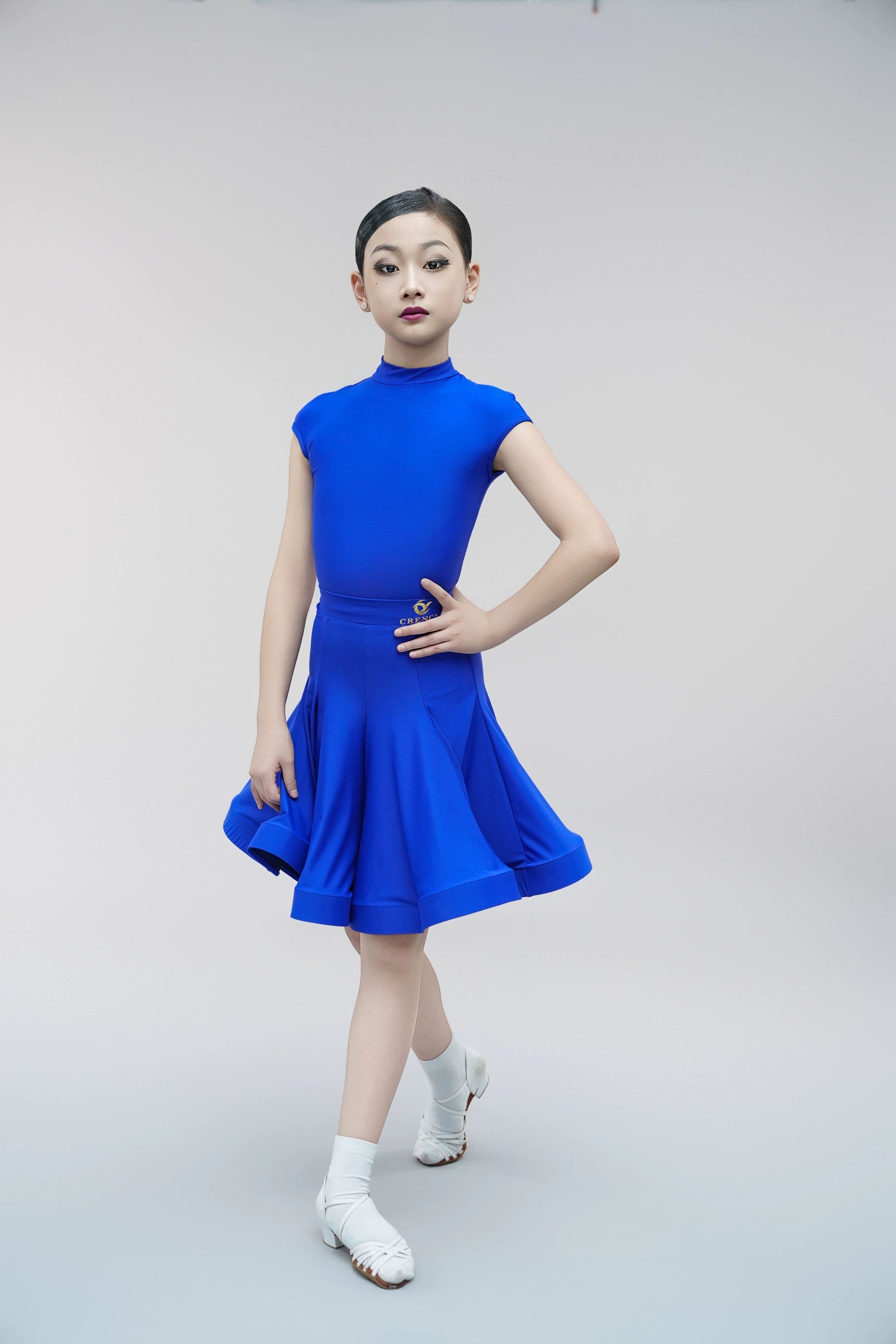 Children's Latin dance dresses for girls kids blue purple white turtleneck latin ballroom salsa competition outfits short sleeve fishbone skirt - Moderndancedress.com