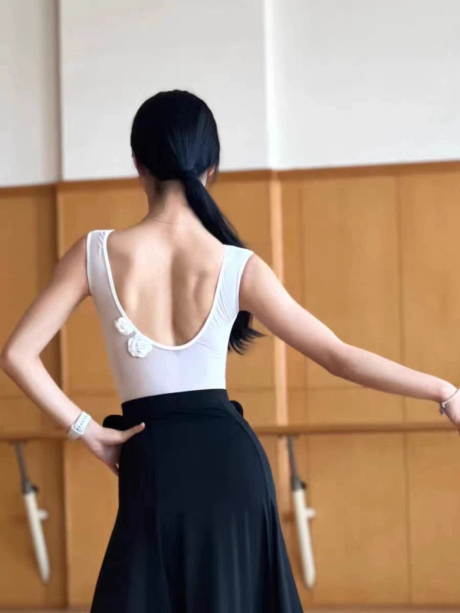 Women Girls Black Red White Ballroom Tango Waltz Dance Dresses Ruffles Sleeveless Lace Jumpsuit Flower Bow Modern Skirt Art Test Performance Costumes - Moderndancedress.com