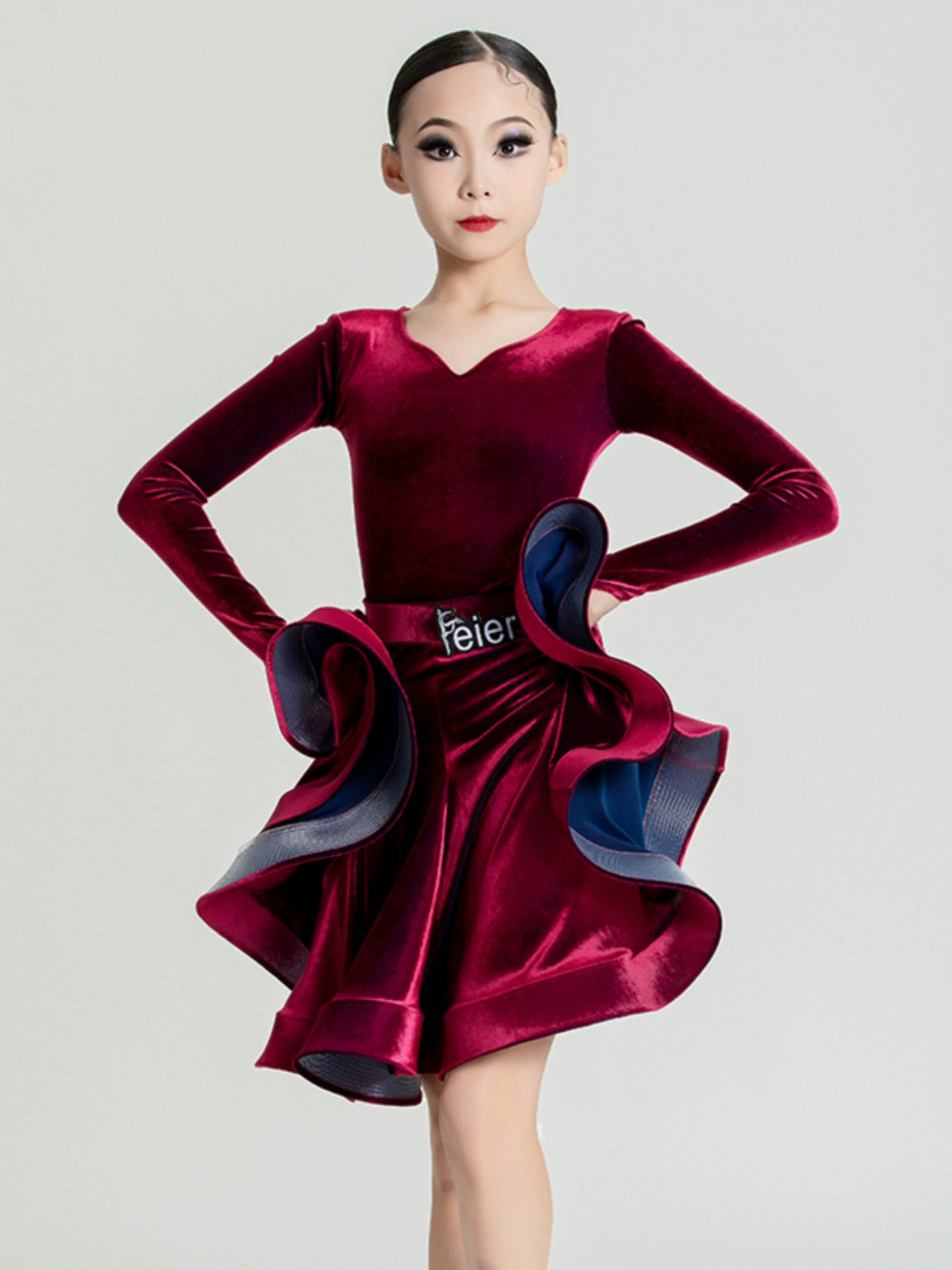 Girls Purple wine velvet ballroom Latin Dance Competition dresses kids International Dance salsa rumba chacha performance skrirts - Moderndancedress.com