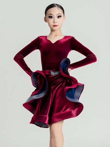Girls Purple wine velvet ballroom Latin Dance Competition dresses kids International Dance salsa rumba chacha performance skrirts - Moderndancedress.com