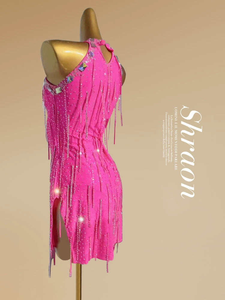 Custom size pink bling fringed Latin Dance Costume for girls kids adult Competition Flower rumba Cha Cha Performance dresses - Moderndancedress.com