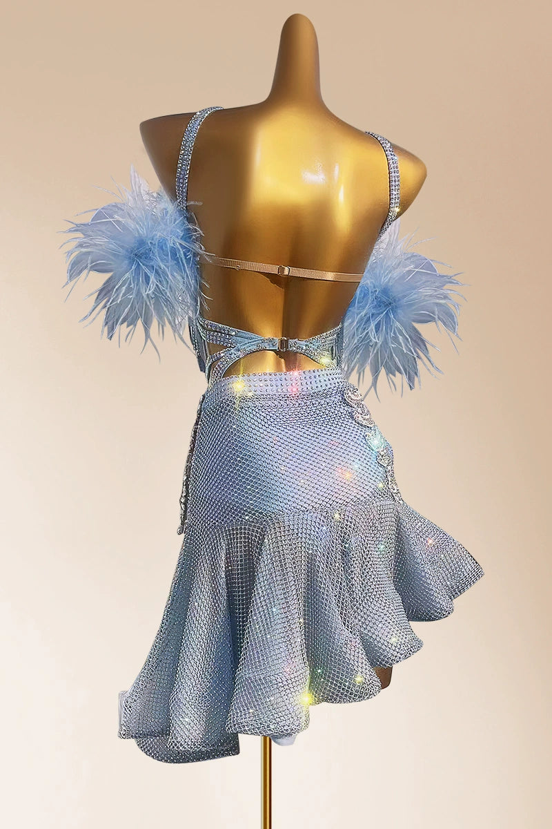 Custom Size Competition Latin Dance Dresses for Women Girls Blue Pink Feather Salsa Rumba Blackpool Dance Costumes - Moderndancedress.com