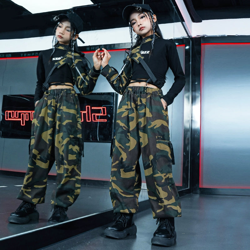 Jazz Dance Street Costume for Girls Camouflage Cargo Pants Gogo Dancers Rapper Singers Party Model Catwalk Outfits for Kids - Moderndancedress.com